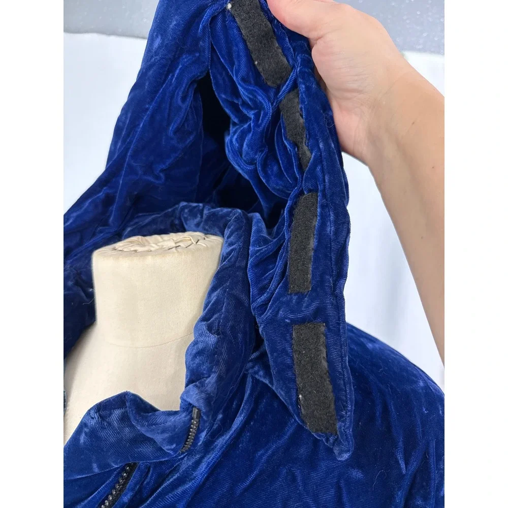 Vintage Royal Blue Velvet Puffer Jacket Hood Metallic Silver Trim, Parka, Medium